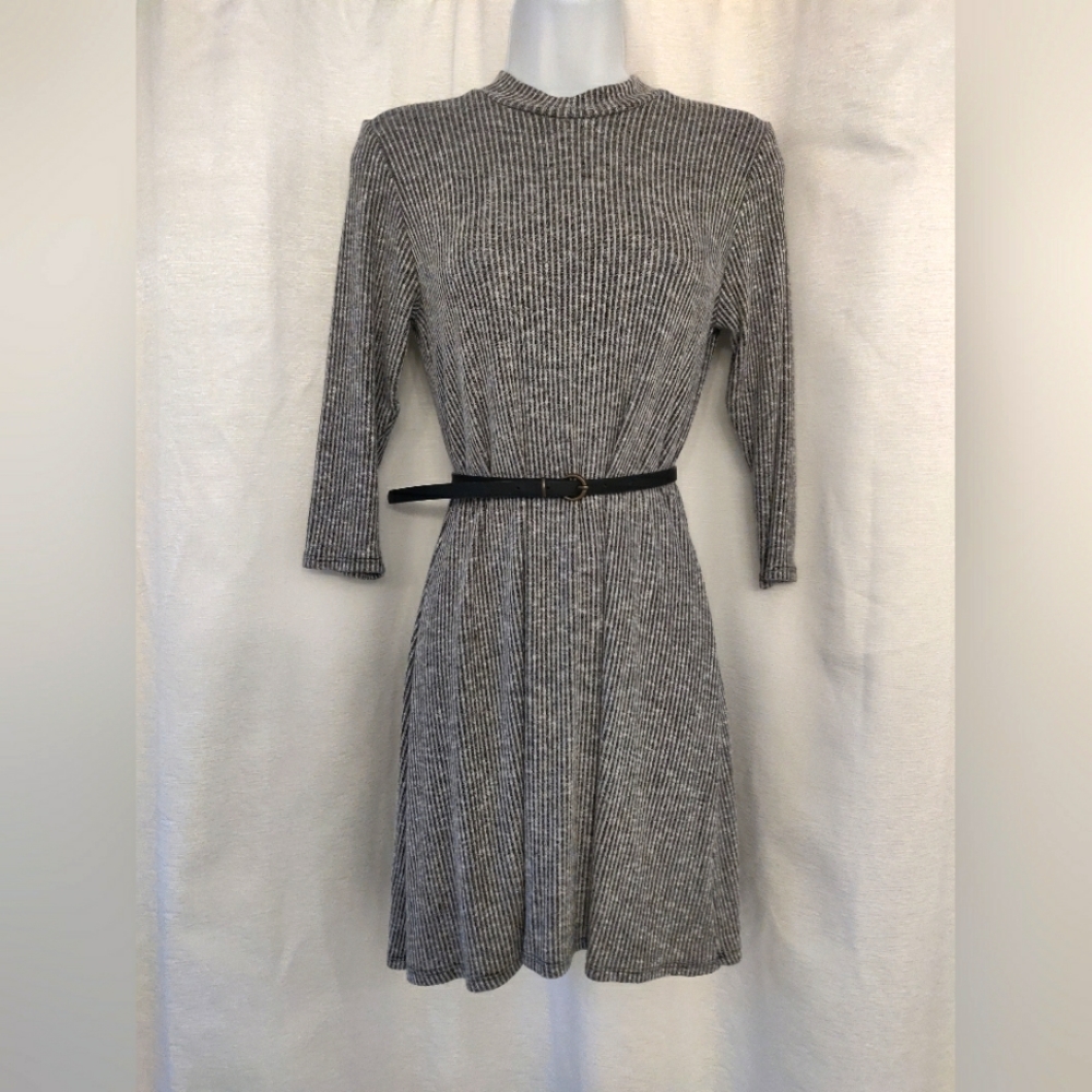 Soft gray striped sweater mini dress